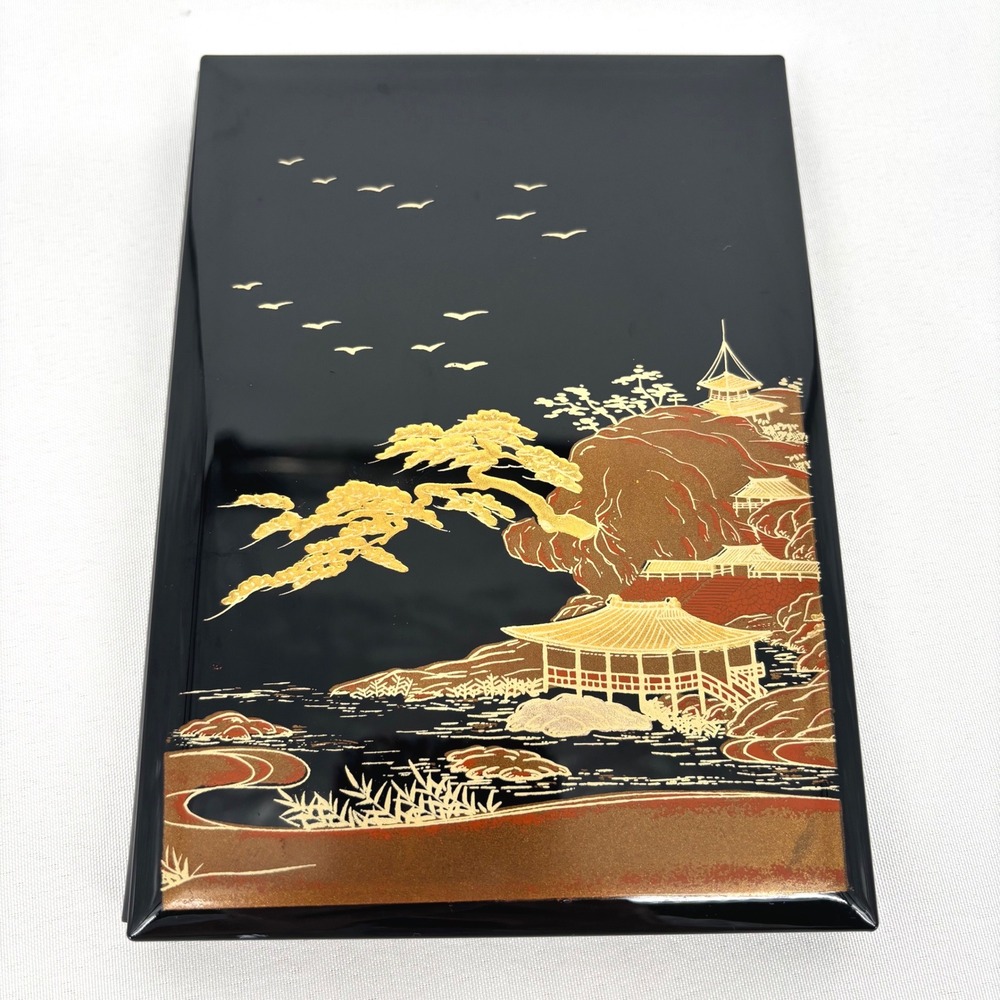 Vintage Japanese Lacquerware Address Book Black Gold Pagoda Landscape A-Z Index